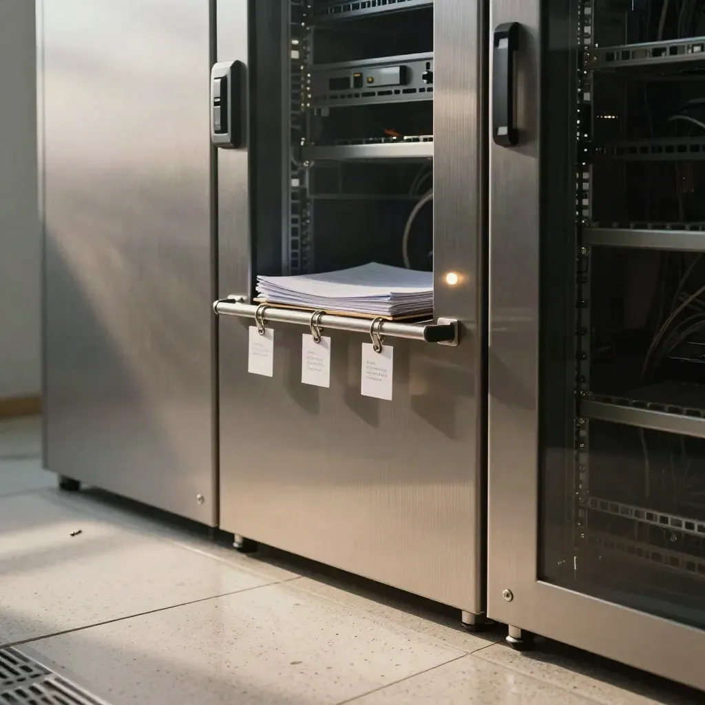 Locked server cabinet, access reader, tags and audit binder in a quiet server room.