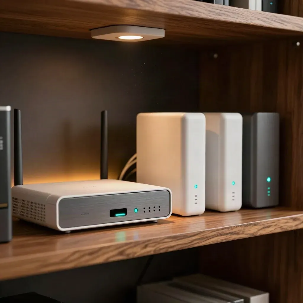 Network shelf with routers, access points and a scan appliance glowing teal in warm afternoon light.