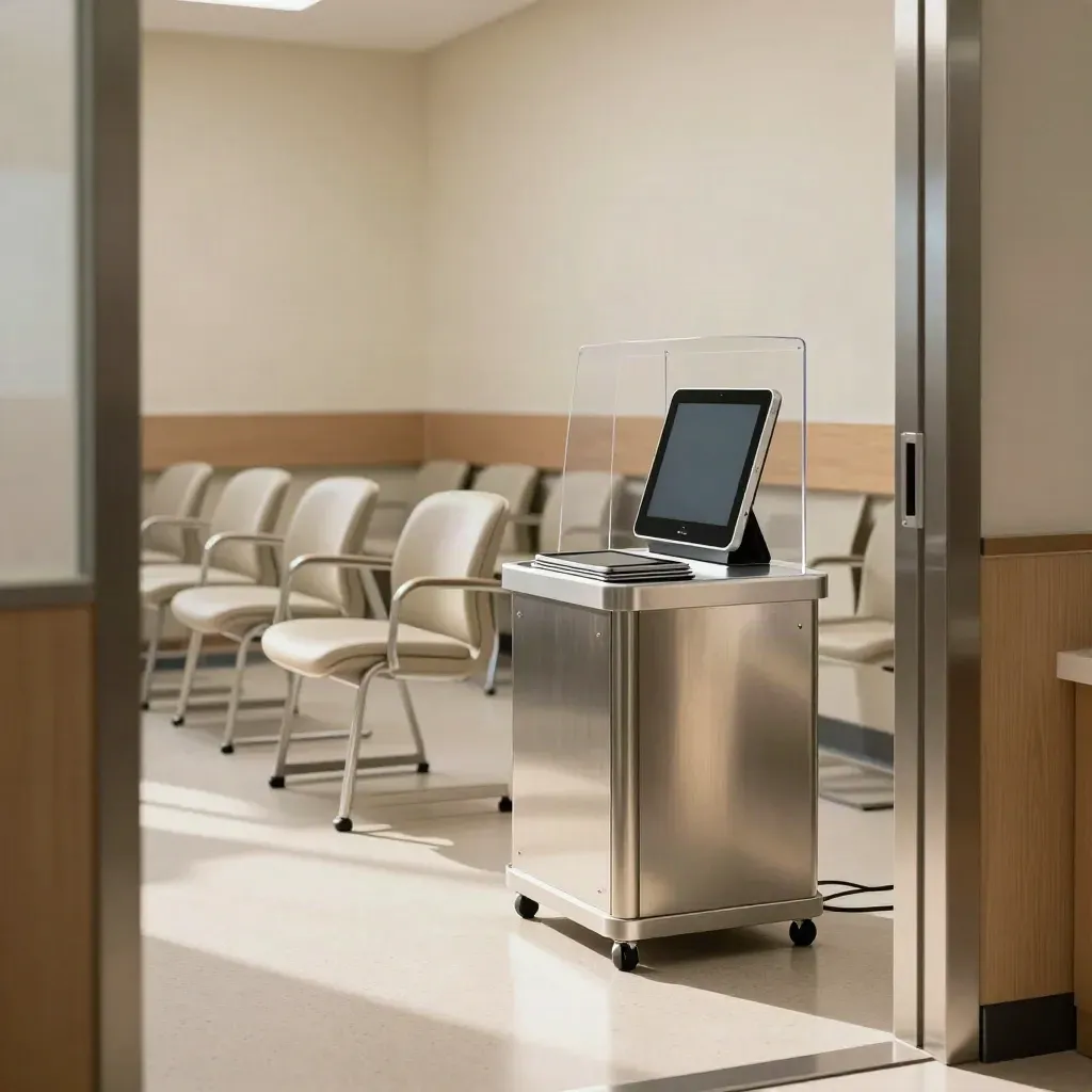 Empty clinic training room with stacked tablets, closed chairs, and a protected kiosk in sunlit dust.