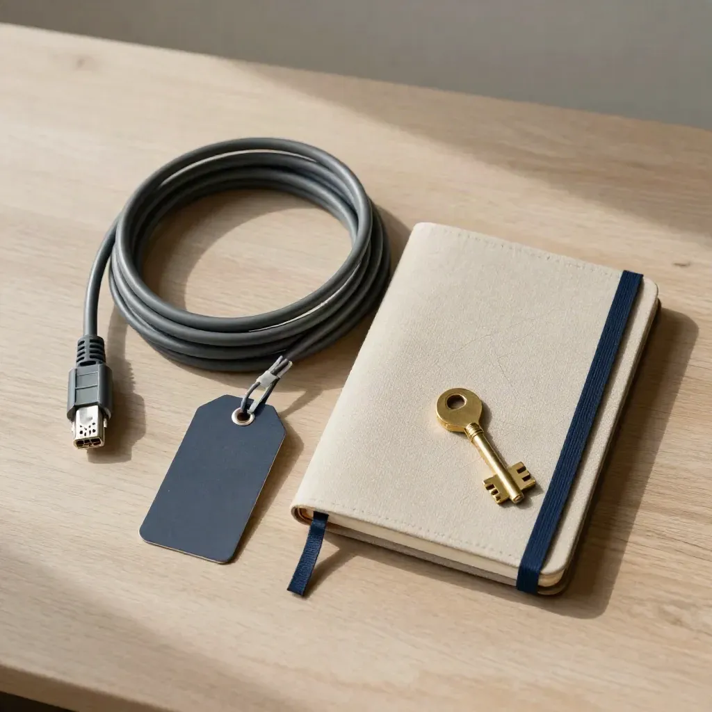 Top-down flat lay of cables, asset tags, notebook and patch-panel key on pale wood.
