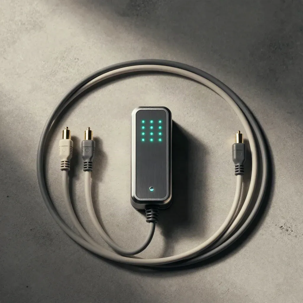 Top-down flatlay of network testing tools and patch leads on pale concrete with teal LEDs.