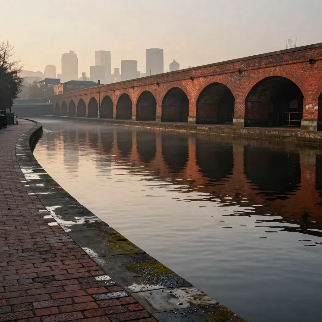 Red brick canal arches over calm Birmingham water with a softened skyline and warm evening haze.